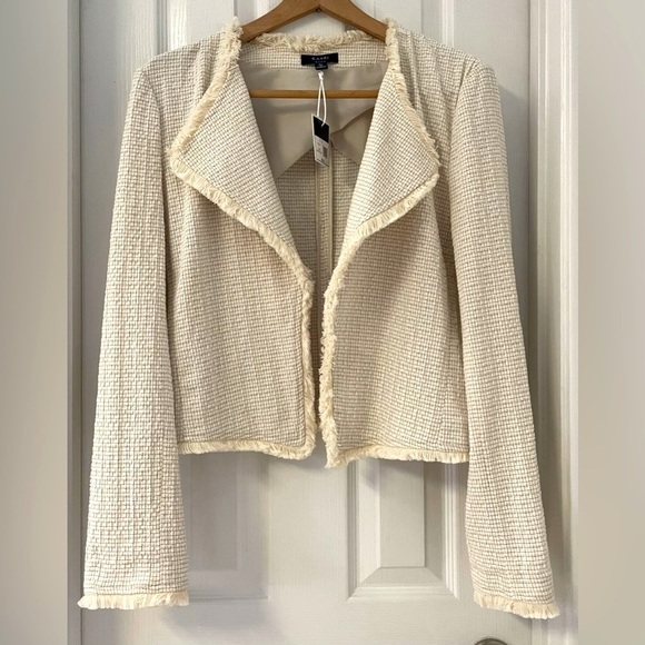 Kaari Blue Long Sleeve piped tweed ivory blazer, Stone Desert Oasis, NWT, L - Picture 2 of 5